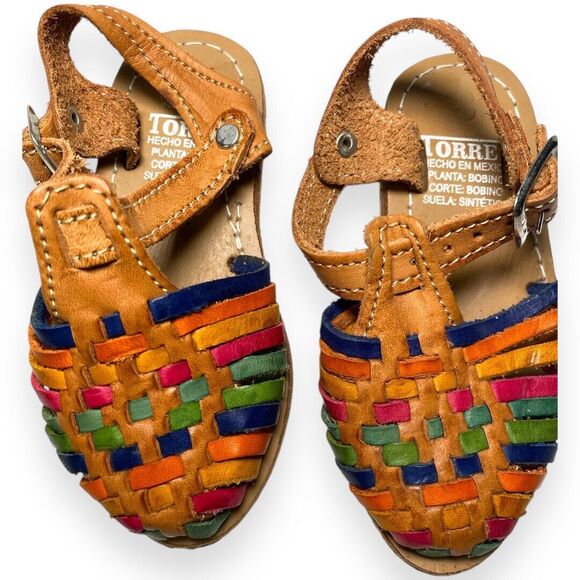 Child Mexican Huarache Sandals Sz 4 | Handmade Leather Closed-Toe Multi-Colored - Picture 6 of 8